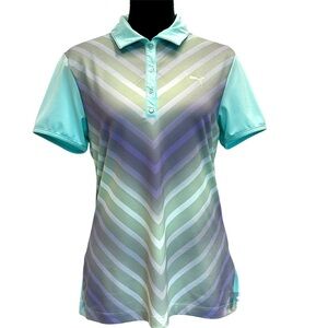 Puma Golf tennis retro teal blue purple striped V short sleeve polo shirt M